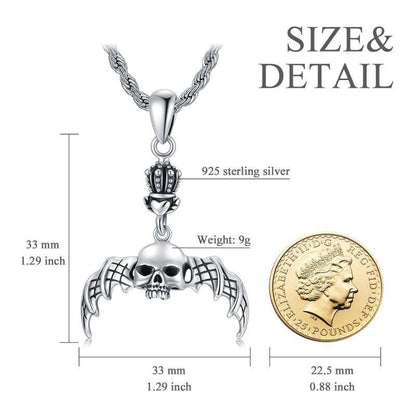 Gothic Skeleton Pendants Necklace with Bat Crown Sterling Silver Matte Gift