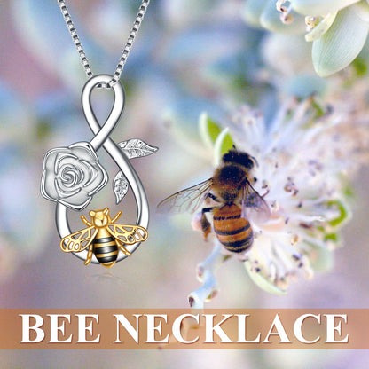 Sterling Silver Infinity Love Bee Pendant Necklace with Rose Flower Jewelry