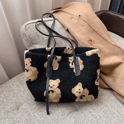 Women Cute Bear Plush Shoulder Bag Large Tote Handbag Purse