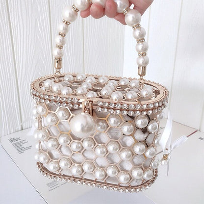 Luxury Pearl Women's Handbag Hollow Out Wedding Clutch Purse Bag Female Rhinestone Metal Cage Basket Shoulder Bag ZD1846