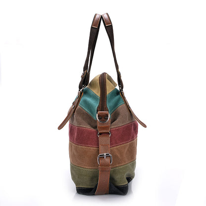 KVKY Brand Fashion Canvas Bag Brand Women Handbag Classic Patchwork Casual Female Shoulder Bags Striped Rainbow Purse Pouch