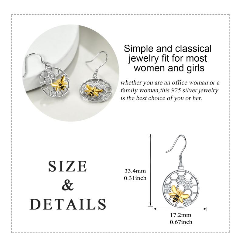 Honeycomb with bee earrings 925 sterling silver Beehive and bee ear jewelry for women