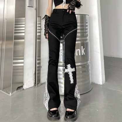 Dark Cross Lace Rivet Decoration Stitching Flared Pants Super Thin And High Waist