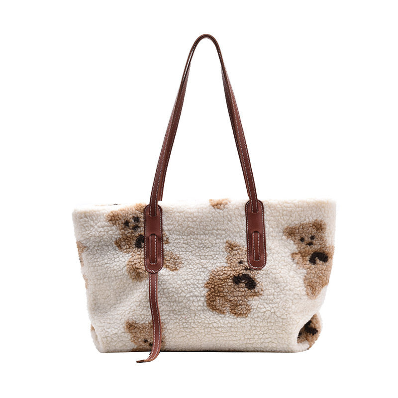 Women Cute Bear Plush Shoulder Bag Large Tote Handbag Purse