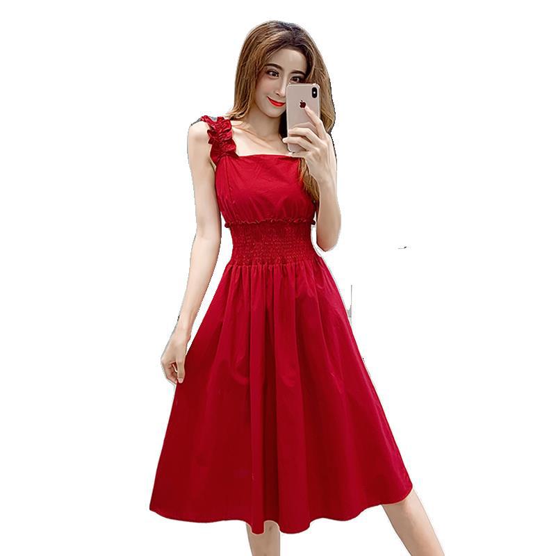 New Retro Straps Leaky Shoulder Back Red Dress Women