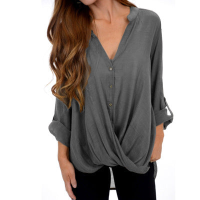 V-neck long sleeve irregular blouse