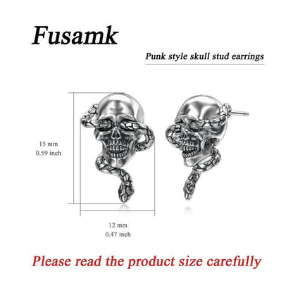 Sterling Silver Gothic Bone Snake Skull Stud Earrings Hallowmas Gift for Women Men