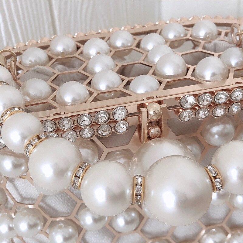 Luxury Pearl Women's Handbag Hollow Out Wedding Clutch Purse Bag Female Rhinestone Metal Cage Basket Shoulder Bag ZD1846