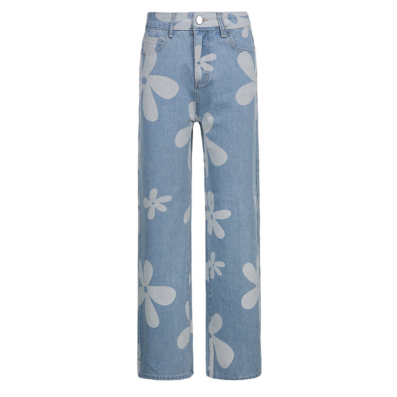 Irregular Flower Print High-rise Straight-leg Casual Jeans Street Style Trousers