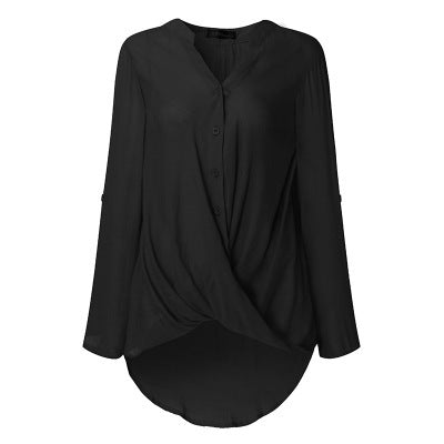 V-neck long sleeve irregular blouse