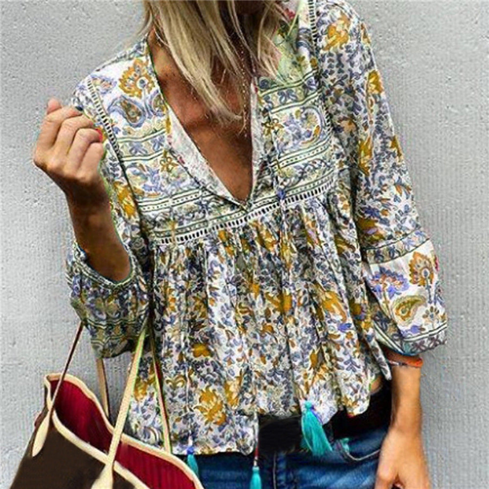 Long-sleeved V-neck loose blouse