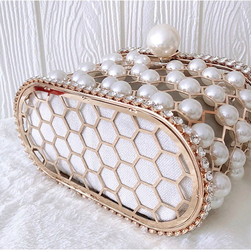 Luxury Pearl Women's Handbag Hollow Out Wedding Clutch Purse Bag Female Rhinestone Metal Cage Basket Shoulder Bag ZD1846