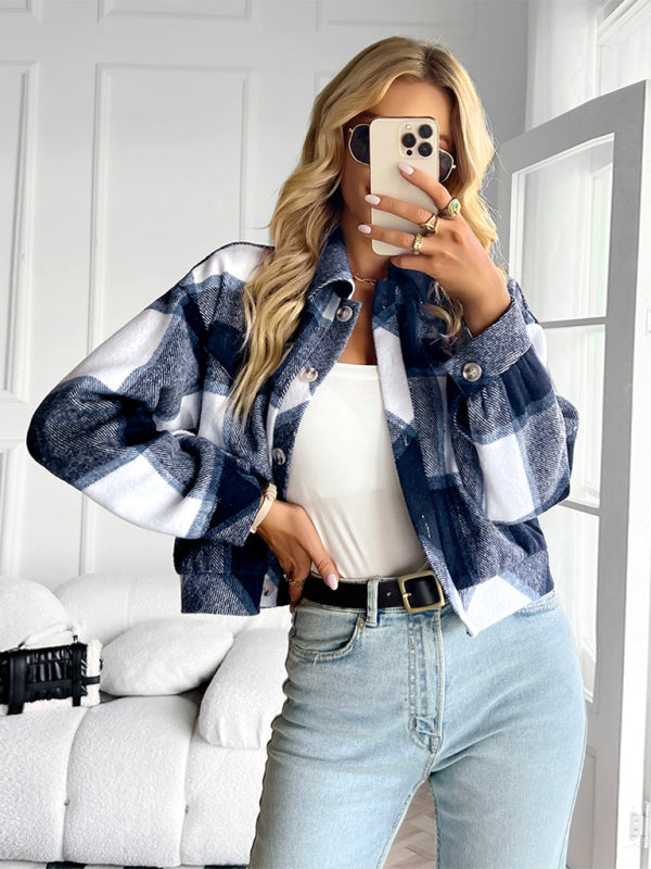 Women's fashion casual short plaid jacket