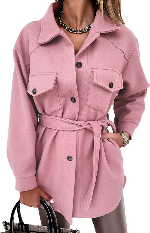 Women'S Lapel Tie Woolen Mid-Length Coat