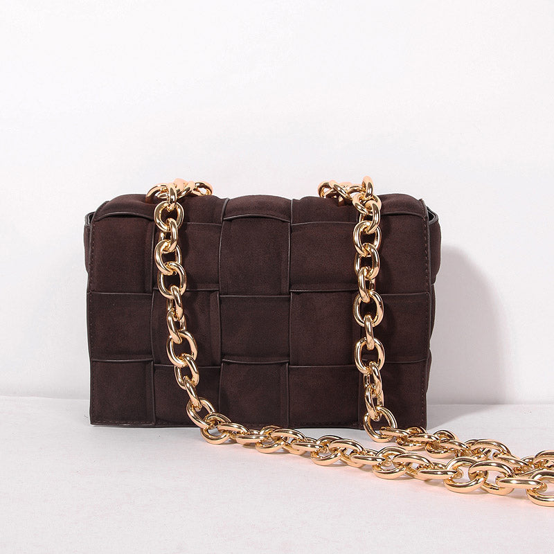 Thick Metal Chain Frosted Suede Shoulder Bag Women New Designer Woven Soft Square Crossbody Bags Female Chic Purse High Quality