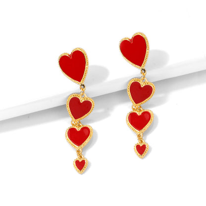 Interlocking Enamel Red Heart Pendant Long Tassel Statement Earrings For Women