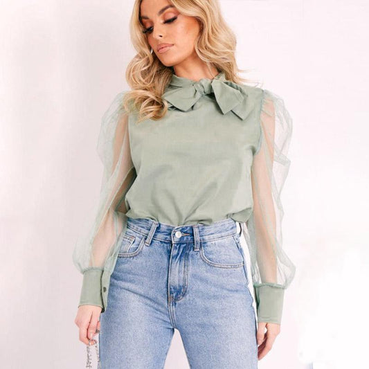 Elegant Puff Sleeves Mint Blouse