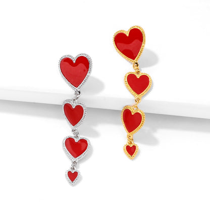 Interlocking Enamel Red Heart Pendant Long Tassel Statement Earrings For Women