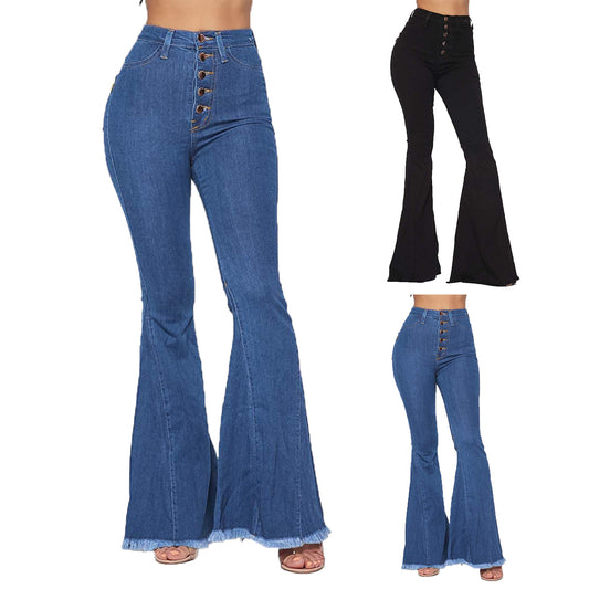 High Waist Buttoned Denim Flared Pants