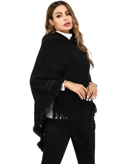 Women's Ethnic Fringe Hooded Knit Cape Shawl