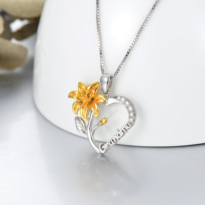 Necklace for Grandma 925 Sterling Silver Lily Flower Heart Necklace I Love You Grandmother Nana Pendant Women Jewelry Birthday Gift