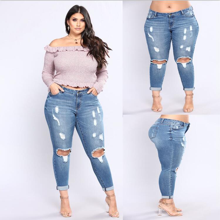 Stretch denim hole high waist ladies jeans