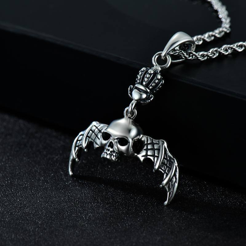 Gothic Skeleton Pendants Necklace with Bat Crown Sterling Silver Matte Gift