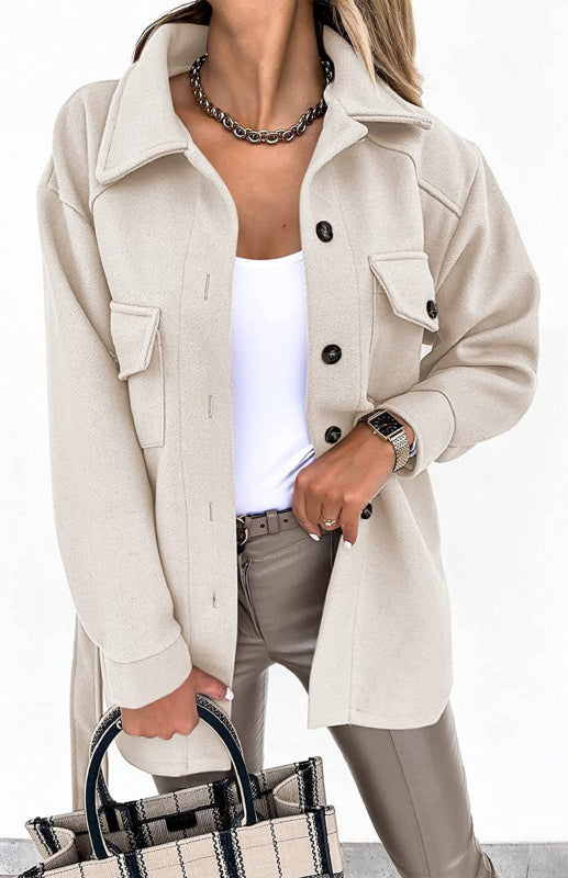 Women'S Lapel Tie Woolen Mid-Length Coat