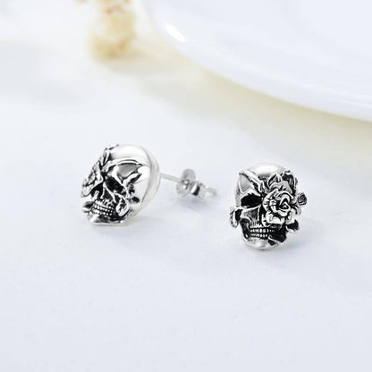 Sterling Silver Rose Flower Skull Stud Earrings Silver Skull Halloween Gift for Women Men