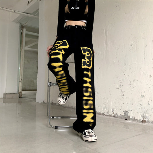 Harajuku Style Letter Print Straight Leg Women's High Waist Jeans