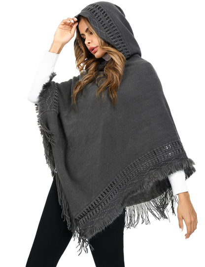 Women's Ethnic Fringe Hooded Knit Cape Shawl