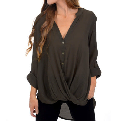 V-neck long sleeve irregular blouse