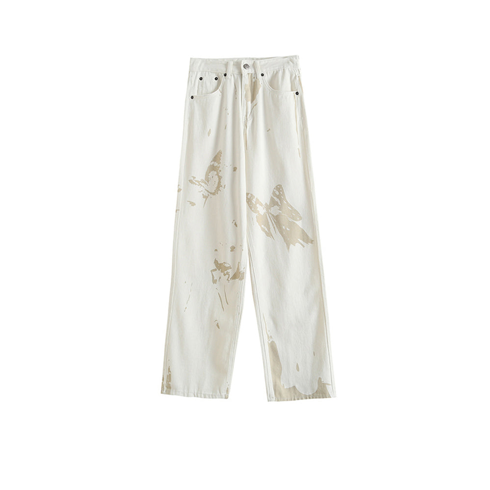 Butterfly Print Gradient Color Straight Leg-length Denim Mopping Trousers