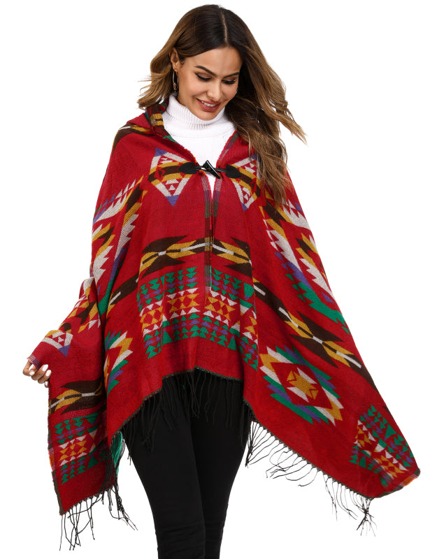 Women's Ethnic Fringe Hooded Knit Cape Shawl