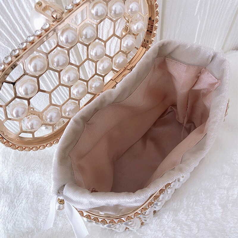 Luxury Pearl Women's Handbag Hollow Out Wedding Clutch Purse Bag Female Rhinestone Metal Cage Basket Shoulder Bag ZD1846