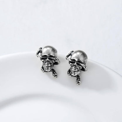 Sterling Silver Gothic Bone Snake Skull Stud Earrings Hallowmas Gift for Women Men