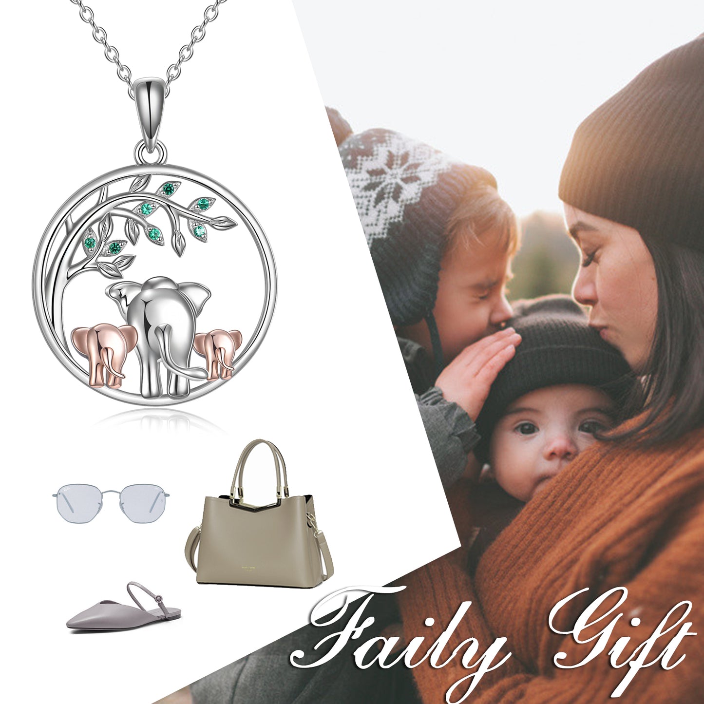 Sterling Silver Three Elephant Family Necklace Tree of Life Jewelry Gifts for Women