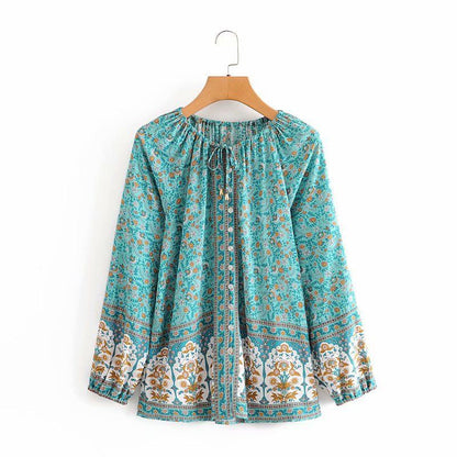 Colorblock positioning printing loose blouse