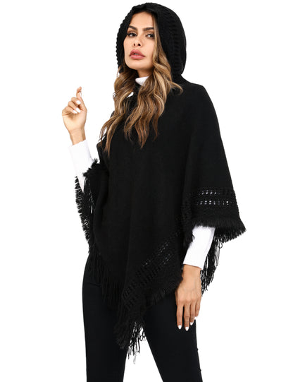 Women's Ethnic Fringe Hooded Knit Cape Shawl