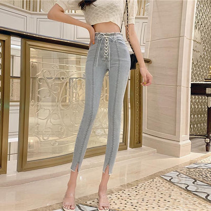 Women's Design High-waist Tight-fitting Jeans With Straps