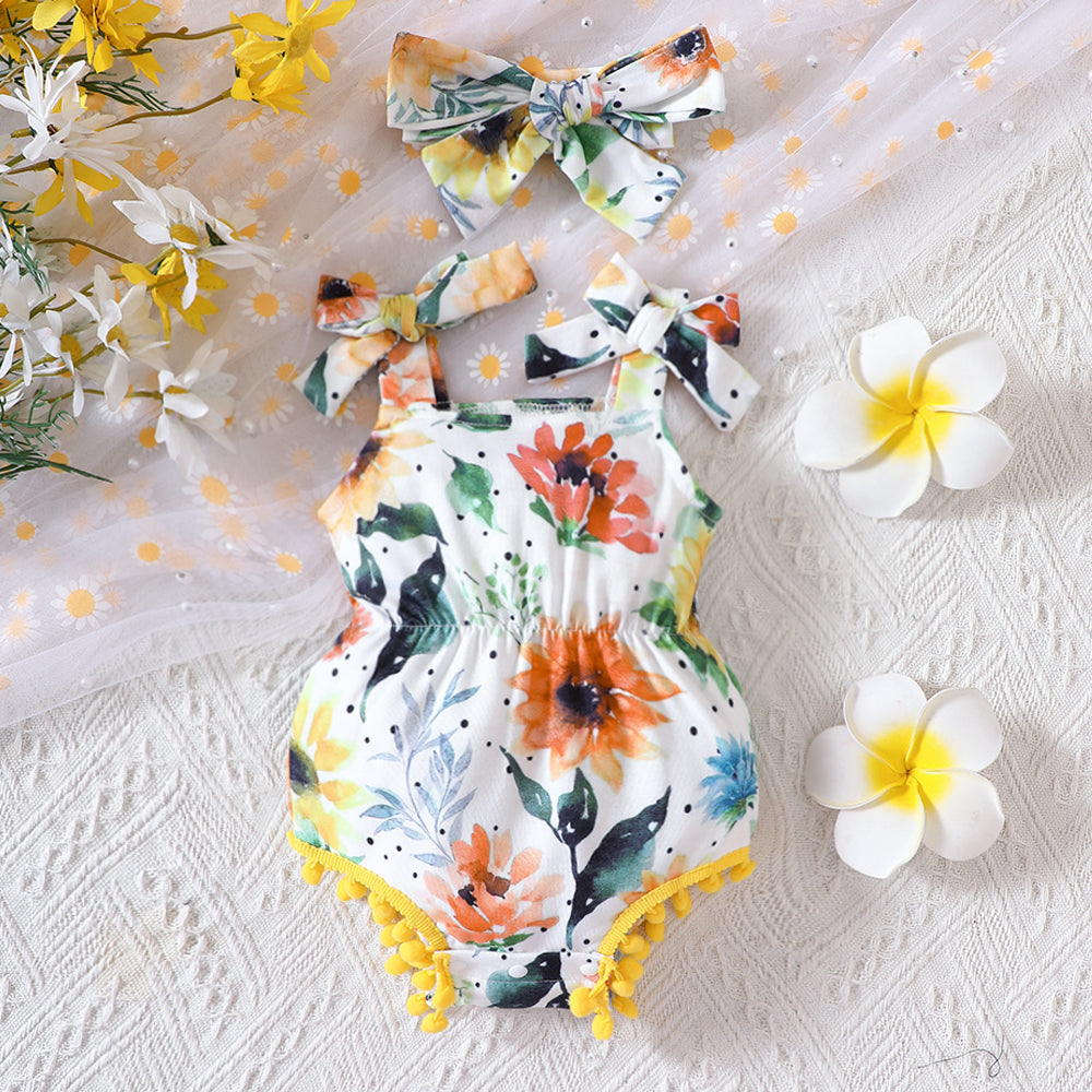 Floral Bow Detail Pom-Pom Trim Romper