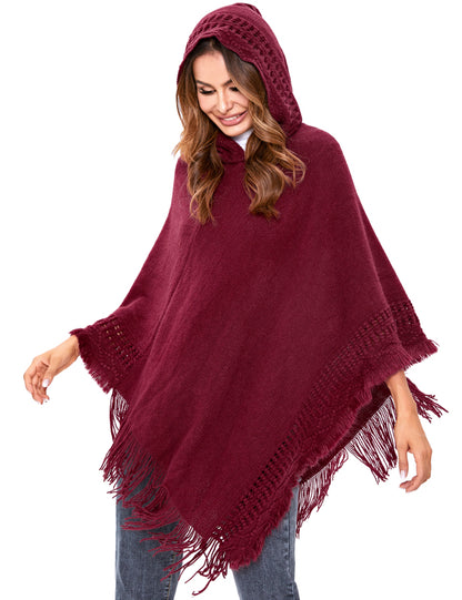 Women's Ethnic Fringe Hooded Knit Cape Shawl