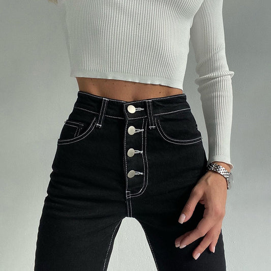 Women's Exposed Black Straight-leg Jeans