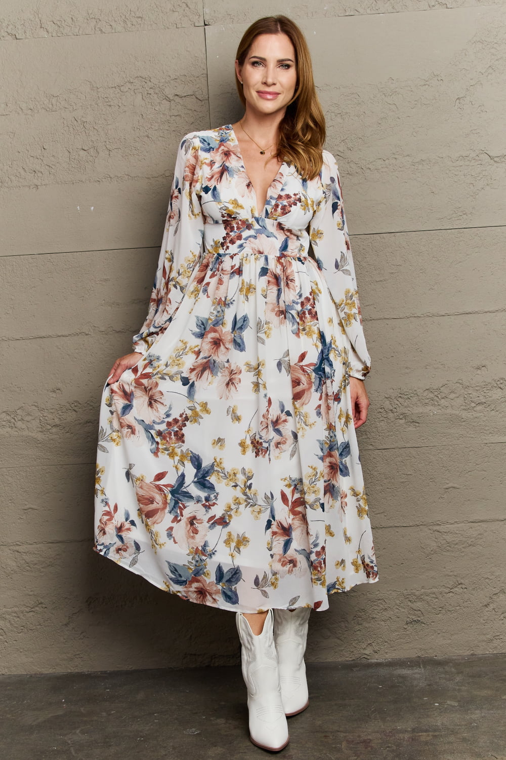 OneTheLand Good Day Chiffon Floral Midi Dress