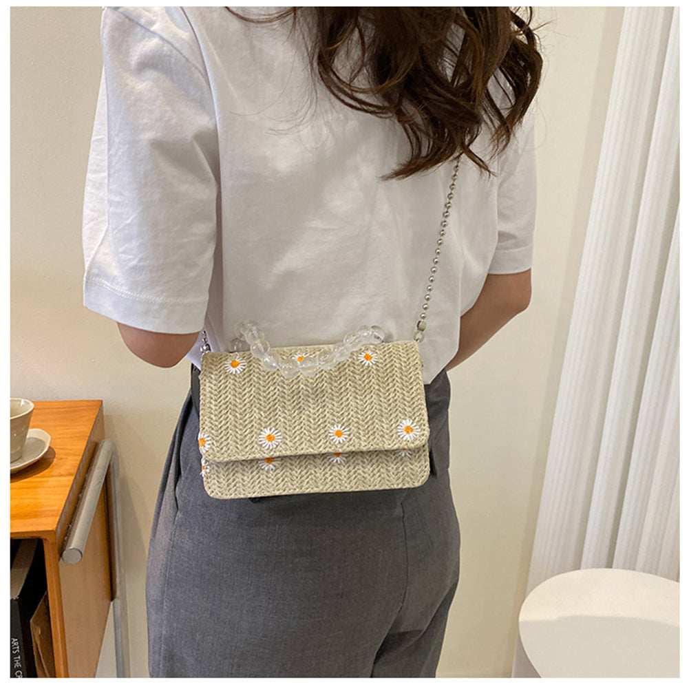 Summer Straw Bags For Women Small Square Female Shoulder Messenger Bags Handbags Purse Daisy Woven Chain Small Crossbody Bags