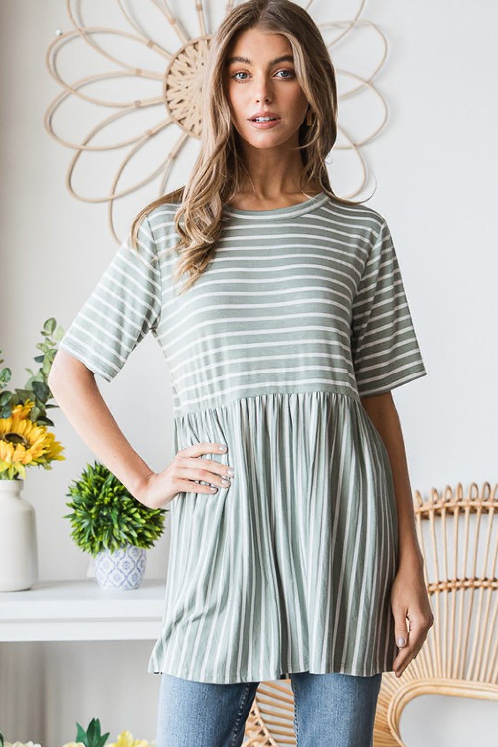 Heimish Full Size Striped Round Neck Babydoll Tee in Sage/Ivory