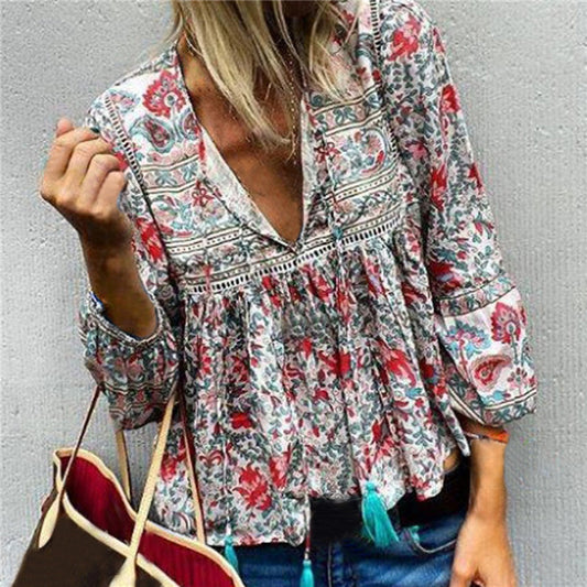 Long-sleeved V-neck loose blouse