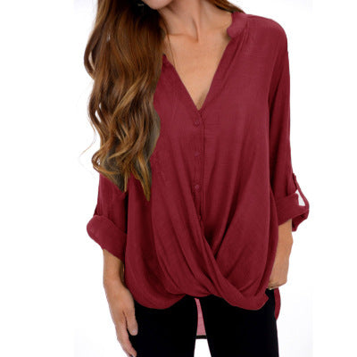 V-neck long sleeve irregular blouse