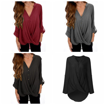 V-neck long sleeve irregular blouse