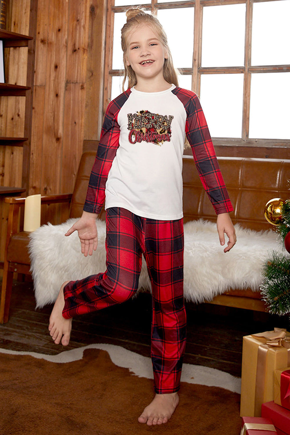 MERRY CHRISTMAS Graphic Top and Plaid Pants Set